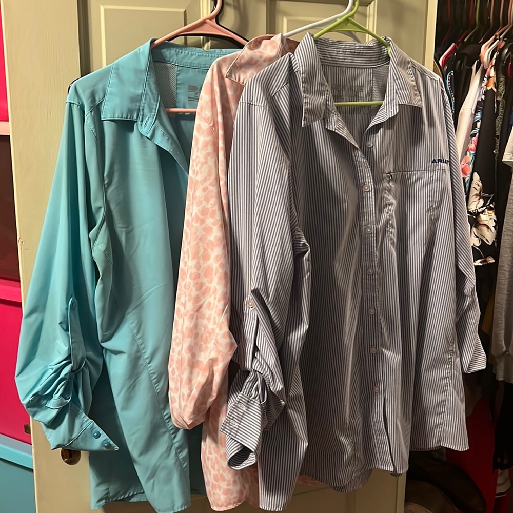 Long sleeve button downs. Pit stains on the aqua shit. All three for $20.